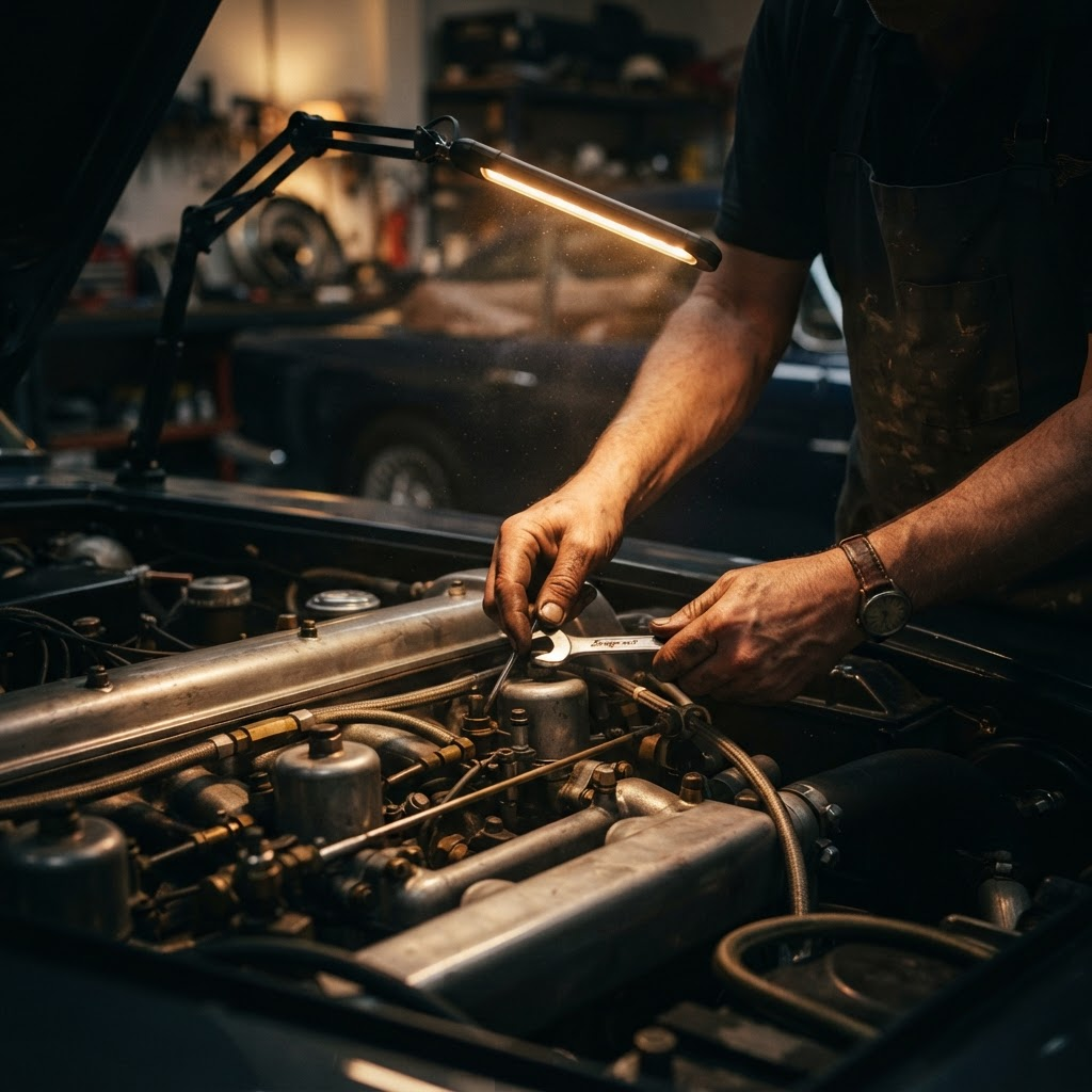 A master craftsman restoring a classic car engine in the ZK Classics workshop